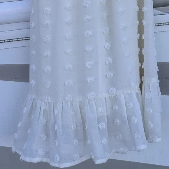 Annebouti Swiss Dot Midi Dress Sz XS Cream Smocked Cute Swing Ruffle Hem Girlie - Picture 8 of 10